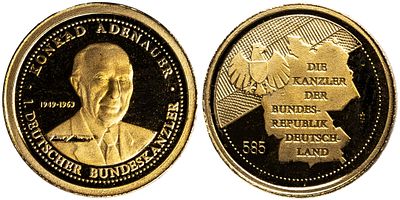 Germany Gold Medal 2009. Gold (.585), 0.51 g, 13.5 mm; Konrad Adenauer 1949-1963; Konrad 