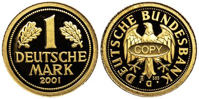 Germany Gold Medal 2012. Gold (.585), 0.51 g, 11 mm; Official Copy 1 Deutsche Mark 2001; To mark 
