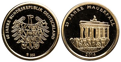 Germany Gold Medal 2013. Gold (.333), 0.51 g, 11 mm; 25 Years Since the Fall of the Berlin Wall. 