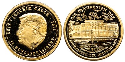 Germany Gold Medal 2014. Gold (.333), 0.51 g, 11 mm; Joachim Gauck since 2012. Joachim Gauck was 