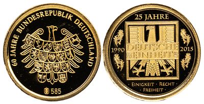 Germany Gold Medal 2015. Gold (.585), 0.51 g, 13.5 mm; 25 Years of German Unity. With a state 