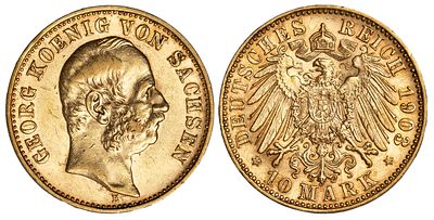 German States Saxony 10 Mark 1903 E. KM-1259, J-265, Fr-3847; King George I (1902-1904); Gold 