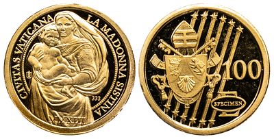 Italy Vatican Gold Medal 2013. Gold (.333), 0.50 g, 11 mm; 100 Euro Design Vatican 2013. Raphael 