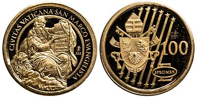 Italy Vatican Gold Medal 2014. Gold (.333), 0.51 g, 11 mm; 100 Euro Draft Vatican 2014. Mark is 