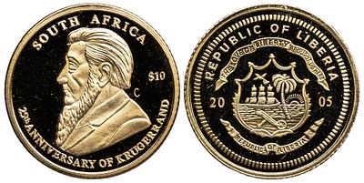 Liberia 10 Dollars 2005. KM-864; Gold (.585), 0.51 g, 11 mm; First minted in 1967 with a weight 