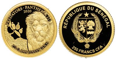 Senegal 250 Francs CFA 2020. Gold (.9999), 0.51 g, 11 mm; Mintage: 5000; Panthera Leo; With 