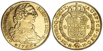 Spain 4 Escudos 1788 MM. KM-418a.1, Cal-315; King Charles III (1759-1788); Gold (.875), 13,35 