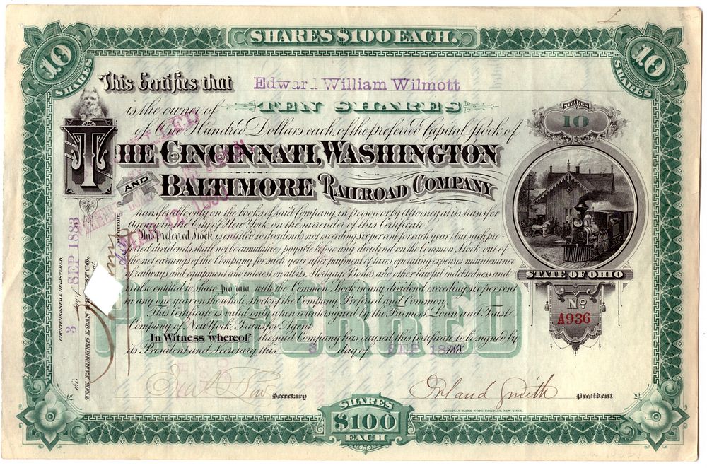 The Cencennate, Washington and Baltimore Railroad Company 1888. Railroad Company; XF