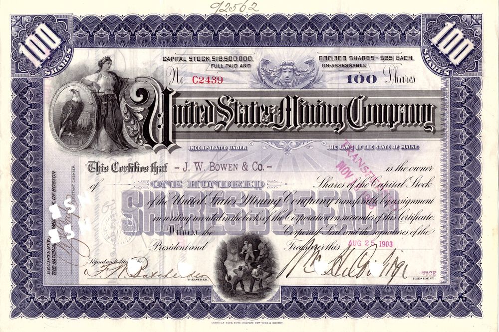United States Mining Company 1903. Mining Company; XF