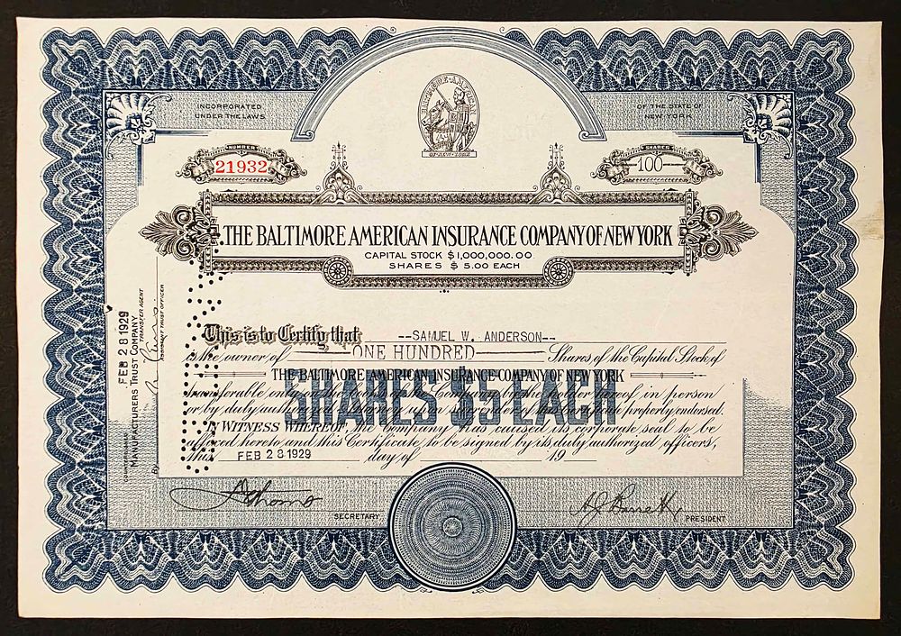 The Baltimore American Insurance Company of New York 1929. Insurance Company; AU