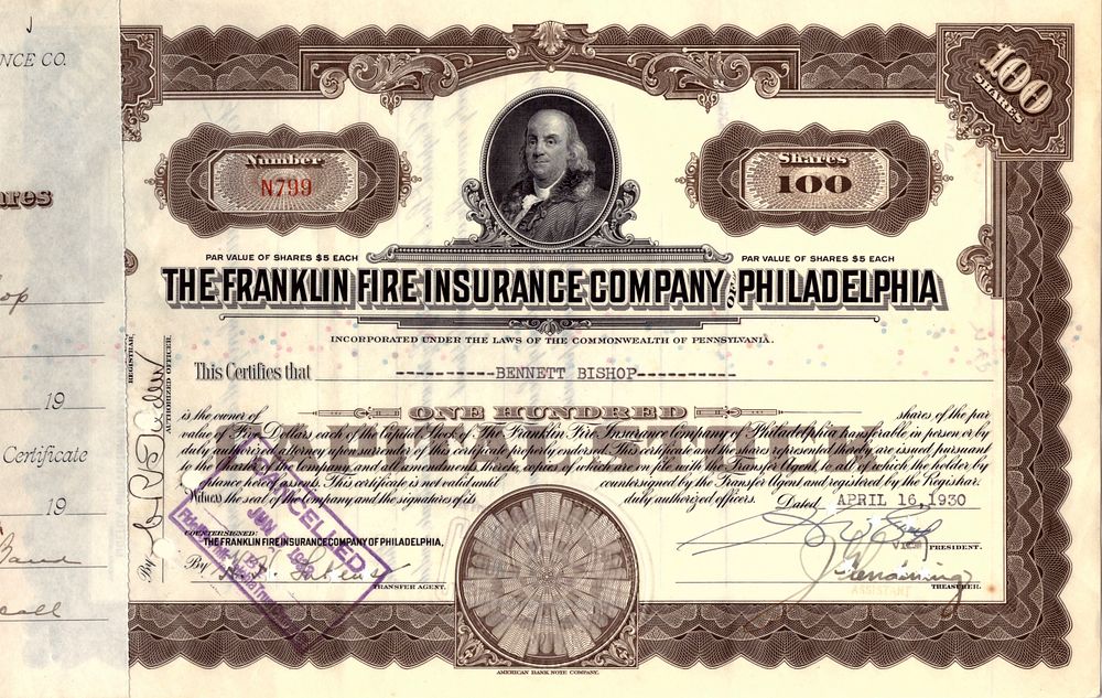 The Franklin Fire Insurance Philadelphia Company 1930. Insurance Company; XF