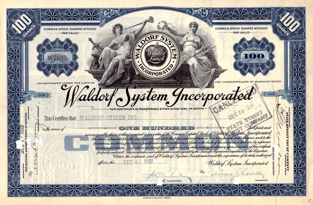 Waldorf System Incorporated Company 1930. Incorporated Company; XF