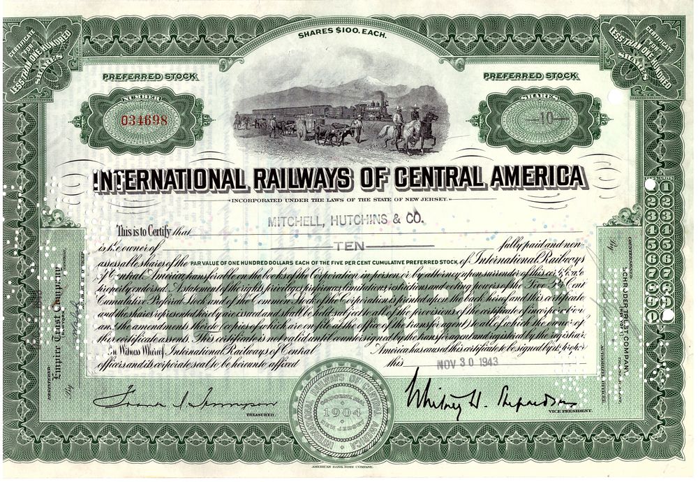 The Internetional Railways of Central America Company 1943. Railways Company; XF