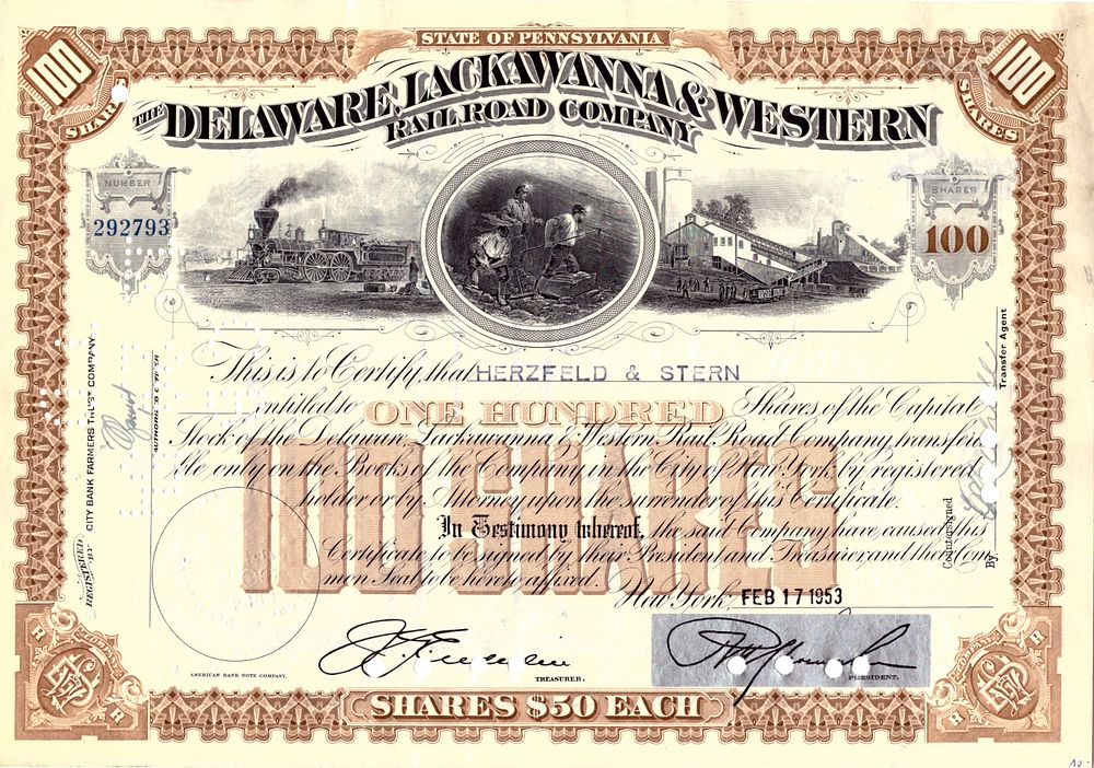 The Delaware Lackawanna and Western Railroad Company 1953. Railroad Company; AU