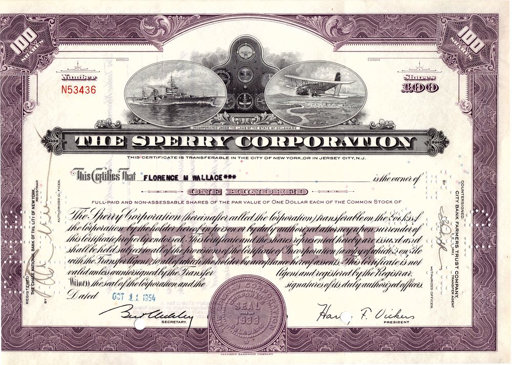 The Sperry Corporation 1954. Stock; AU