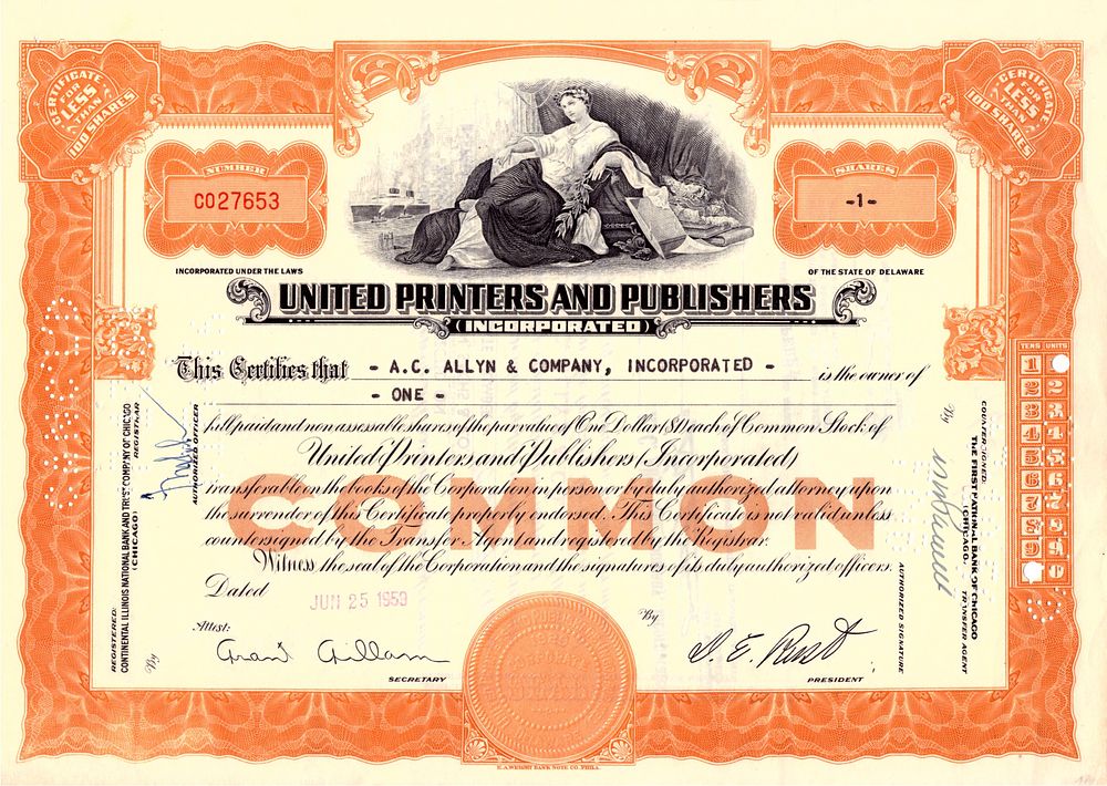 United Printers and Publishers Company 1959. Stock; AU