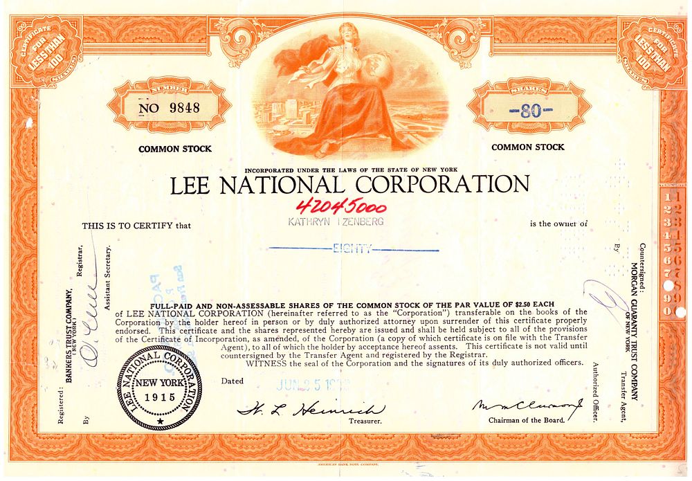 Lee National Corporation Company 1969. Stock; AU