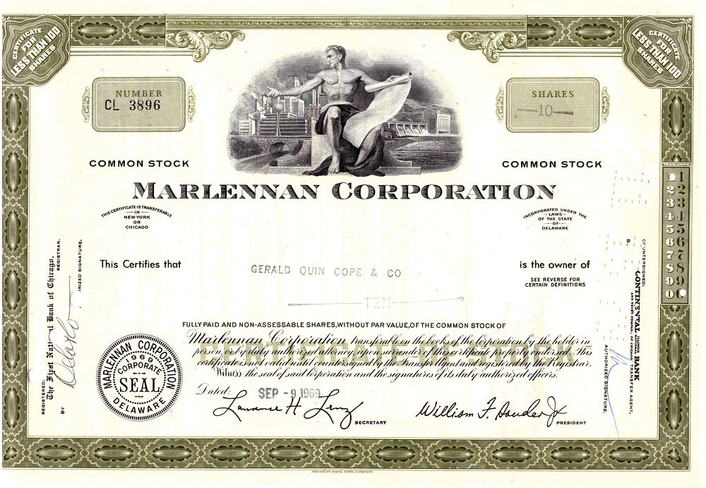 Marlennan Corporation 1969. Stock; AU