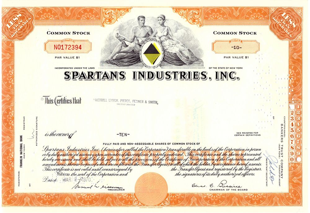 Spartans Industries Company 1970. Stock; XF