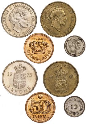 Denmark 10, 50 Ore, 2x1 Krone 1905-89. 4 pcs. VF