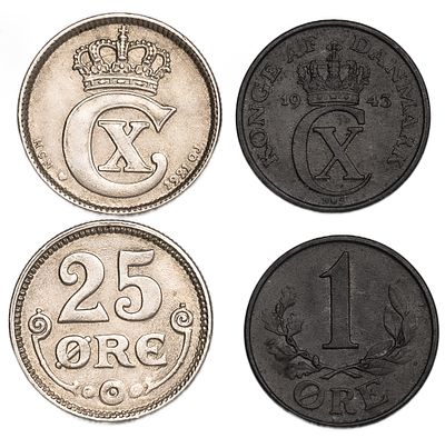 Denmark 25 Ore 1921, 1 Ore 1943. 2 pcs. KM-815.2a, 832; Copper-nickel, Zinc; XF, UNC