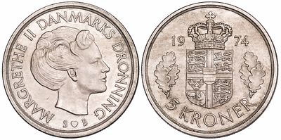 Denmark 5 Kroner 1974. KM-863.1; UNC