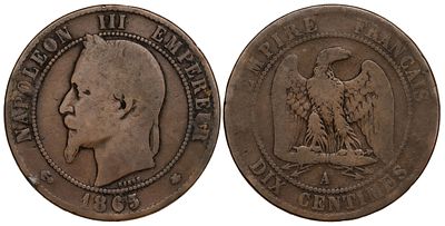 France 10 Centimes 1865-A. KM-815.1; Mintage 11,400,000; F