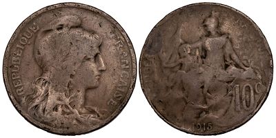 France 10 Centimes 1915. KM-843; Mintage 4,374,383; F