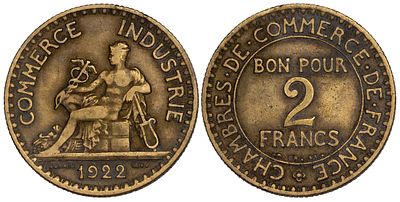 France 2 Francs 1922. KM-877; Mintage 42,425,725; XF