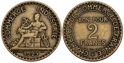 France 2 Francs 1925. KM-877; Mintage 28,155,000; XF