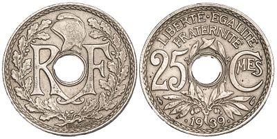 France 25 Centimes 1939. KM-867b; Mintage 42,964,000; UNC