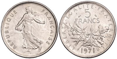 France 5 Francs 1971. KM-926.1; Mintage 35,014,000; UNC