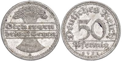 Germany Weimar Republic 50 Pfennigs 1921 A. KM-27, Schon-24, AKS-37, J-301; Mint Berlin; 
