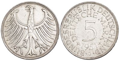 Germany 5 Mark 1951-J. КМ-112; Silver (.624), 11,00 g,; Mint: J; XF/AU