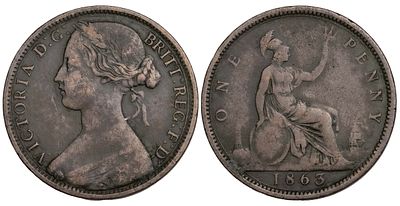 Great Britain 1 Penny 1863. KM-749.2; Mintage 28,063,000; VF
