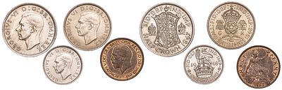 Great Britain 1/2 Penny 1936, 1, 2 Shilling 1948, 1/2 Crown 1947. 4 pcs. KM-837, 863, 865, 866; 