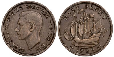 Great Britain 1/2 Penny 1939. KM-844; Mintage 28,924,800; XF