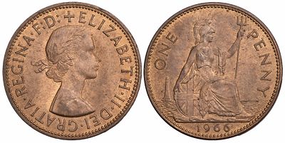 Great Britain 1 Penny 1966. KM-897; Mintage 157,430,000; UNC