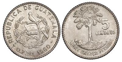 Guatemala 5 Centavos 1960. KM-261; Silver (.720), 1.56g.; Mintage: 3.590.000; UNC
