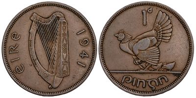 Ireland 1 Pence 1941. KM-11; Mintage 2,400,000; XF