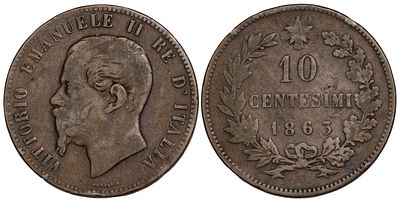 Italy 10 Centesimi 1863. KM-11.3; Mintage 24,000,000; VF