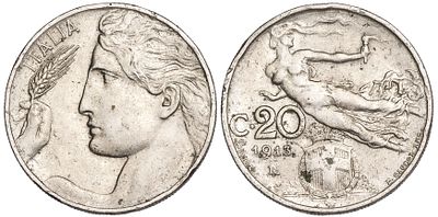 Italy 20 Centesimi 1913. KM-44; Mintage 26,920,000; VF