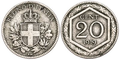 Italy 20 Centesimi 1919. KM-58; Mintage 33,432,000; VF
