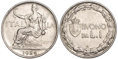 Italy 1 Lira 1924. KM-62; Mintage 44,484,000; XF