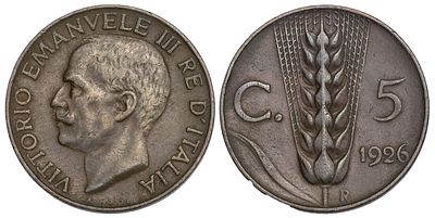 Italy 5 Centesimi 1926. KM-59; Mintage 21,158,000; VF