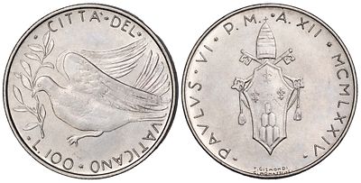Italy Vatican City 100 Lire 1975. KM-122; UNC