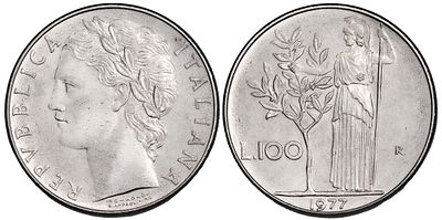 Italy 100 Lire 1977. KM-96; Mintage 159,000,000; UNC