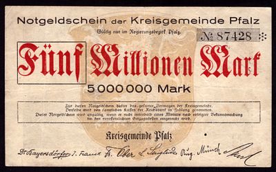 Germany Pfalz 5,000,000 Mark 1923. VF
