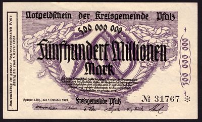 Germany Pfalz 500 Millionen Mark 1923. AU