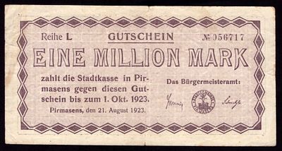 Germany Pirmasens 1,000,000 Mark 1923. Grab-P103.1; VF